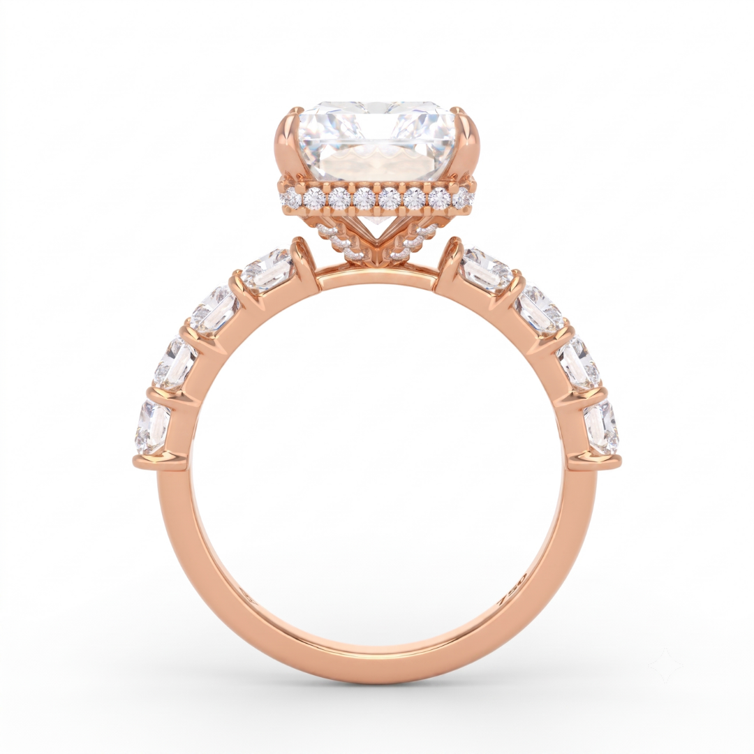 Vivien Radiant Brilliant Cut Engagement Ring with Radiant Brilliant Diamond Band and Wrap Around Hidden Halo