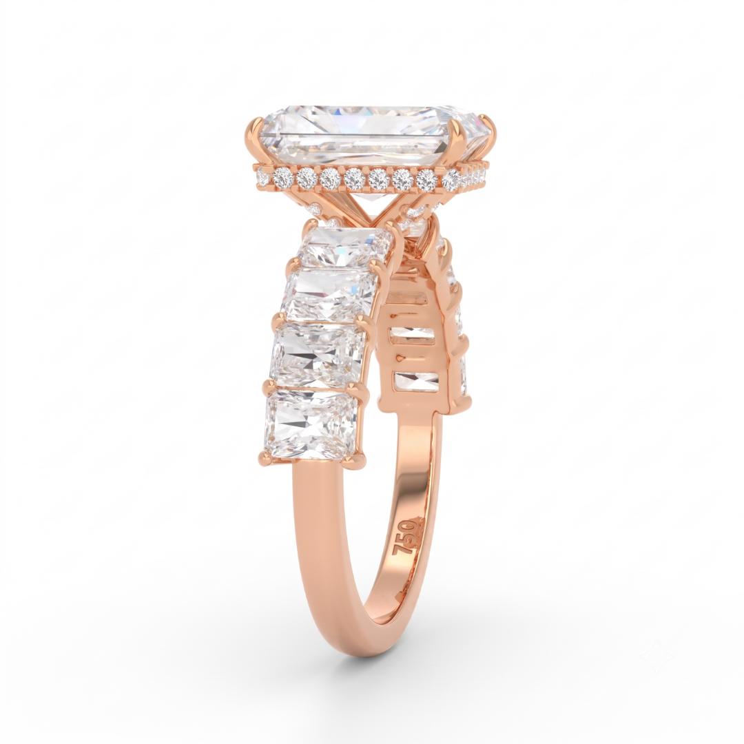 Vivien Radiant Brilliant Cut Engagement Ring with Radiant Brilliant Diamond Band and Wrap Around Hidden Halo