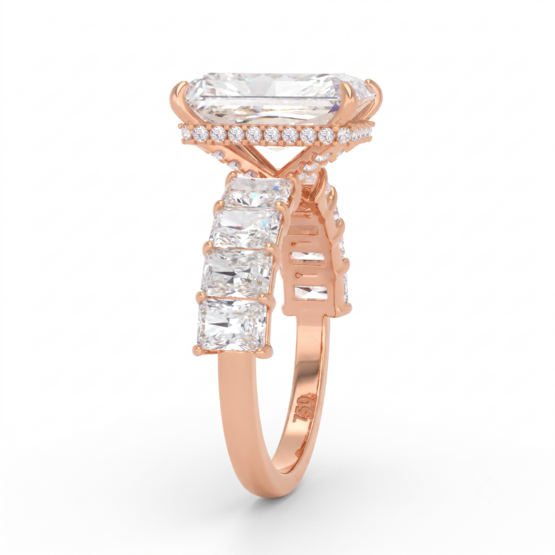 Vivien Radiant Brilliant Cut Engagement Ring with Radiant Brilliant Diamond Band and Wrap Around Hidden Halo