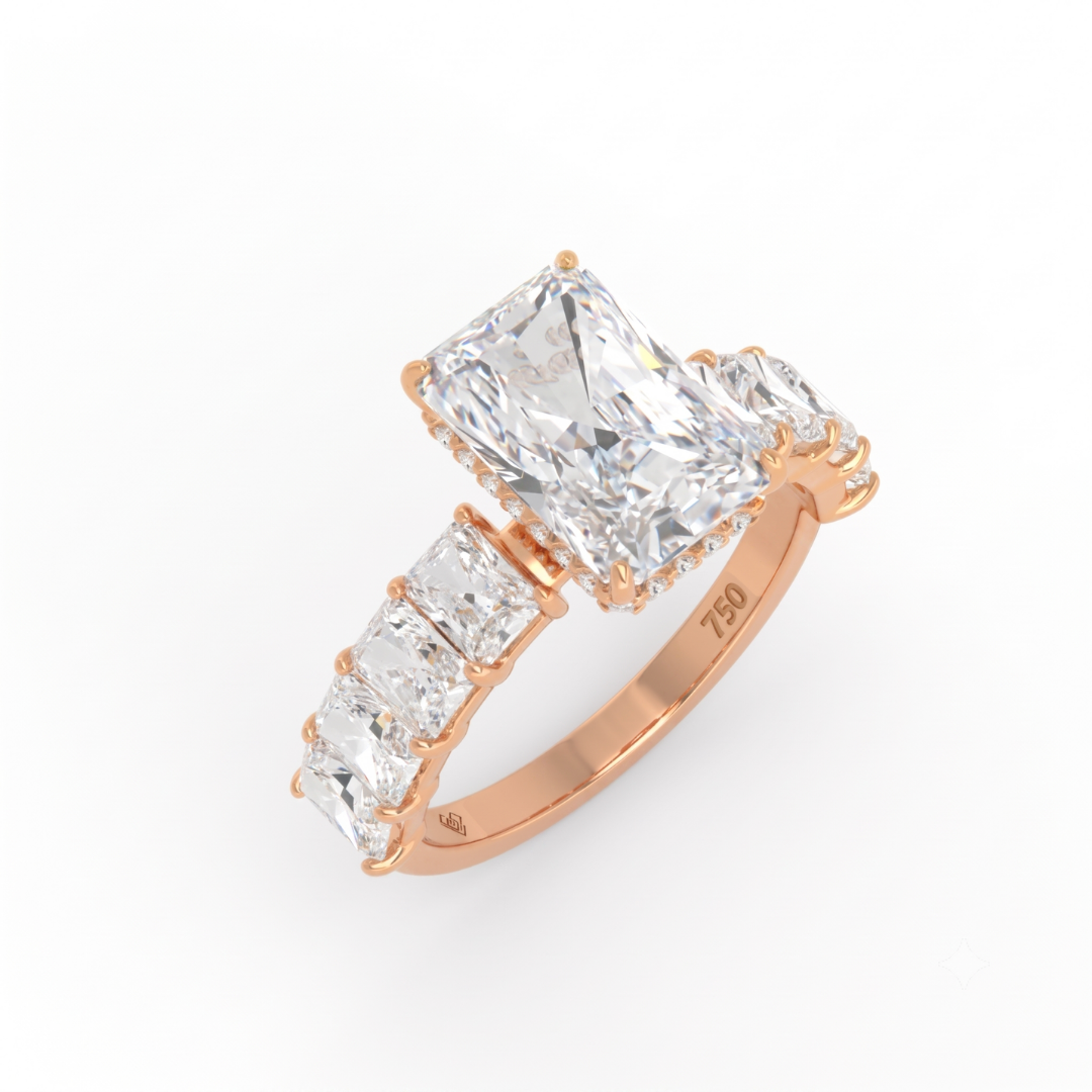 Vivien Radiant Brilliant Cut Engagement Ring with Radiant Brilliant Diamond Band and Wrap Around Hidden Halo