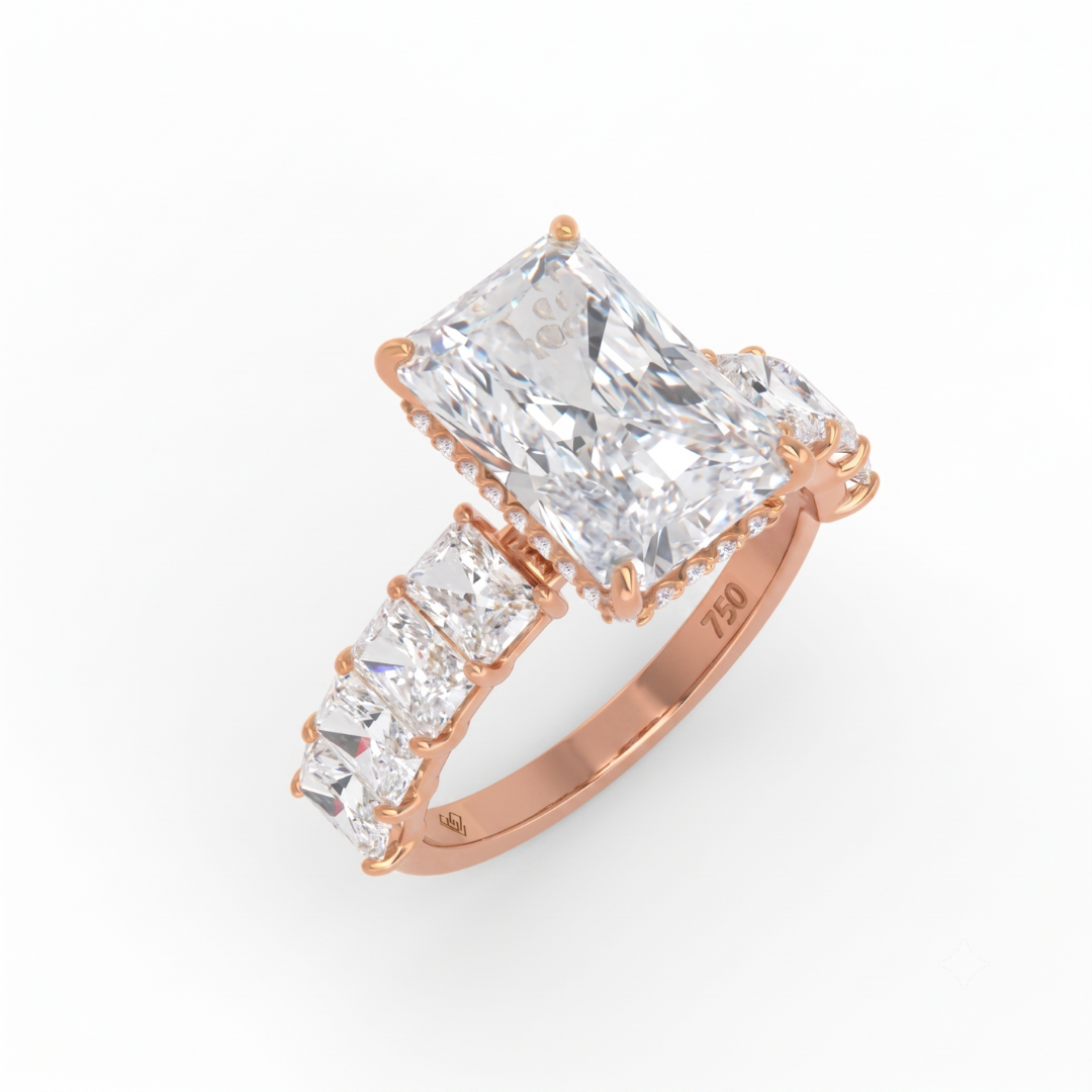 Vivien Radiant Brilliant Cut Engagement Ring with Radiant Brilliant Diamond Band and Wrap Around Hidden Halo