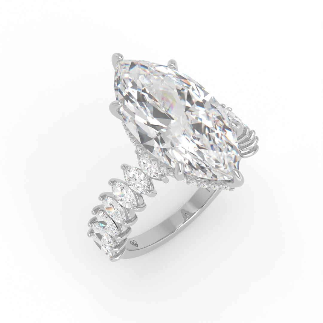 Vivien Marquise Brilliant Cut Engagement Ring with Marquise Brilliant Diamond Band and Wrap Around Hidden Halo