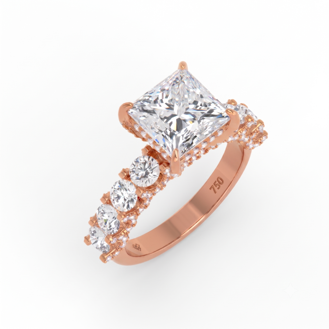 Juliette Princess Lab-Grown Diamond Engagement Ring featuring a Half-Set Diamond Band, Hidden Halo, and Pavé U-Shaped Prong Setting
