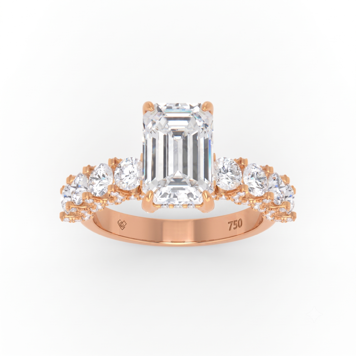 Juliette Emerald Lab-Grown Diamond Engagement Ring featuring a Half-Set Diamond Band, Hidden Halo, and Pavé U-Shaped Prong Setting