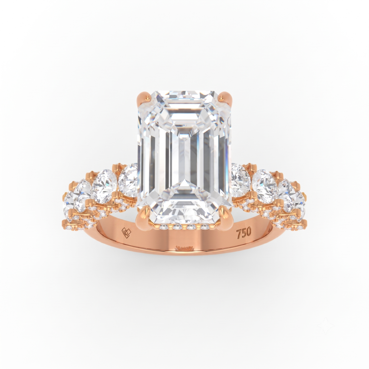Juliette Emerald Lab-Grown Diamond Engagement Ring featuring a Half-Set Diamond Band, Hidden Halo, and Pavé U-Shaped Prong Setting