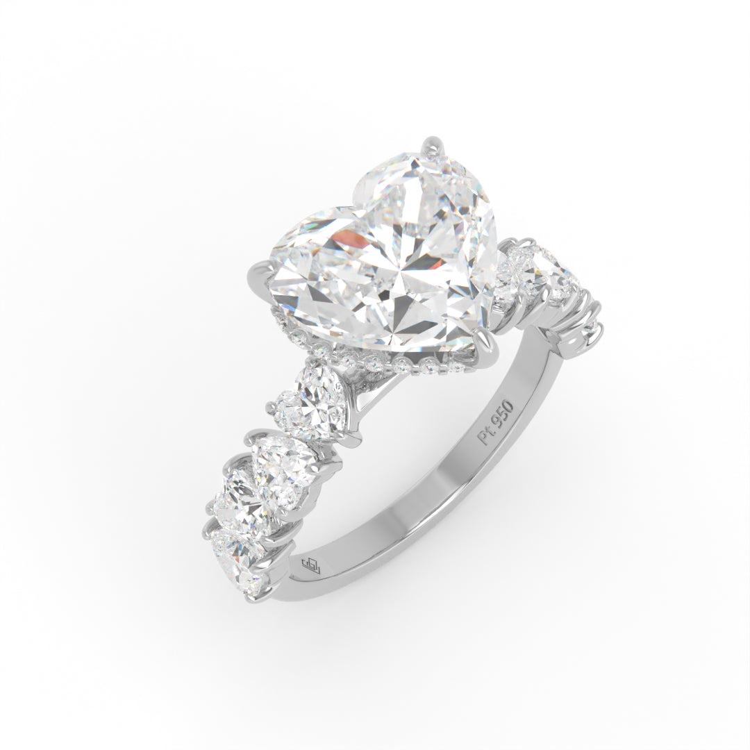 Vivien Heart Brilliant Cut engagement ring with heart brilliant diamond band and wrap around hidden halo