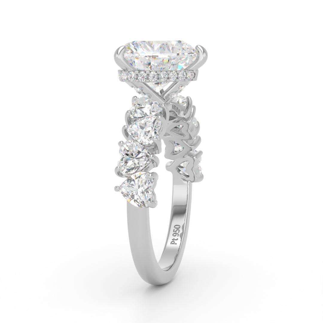 Vivien Heart Brilliant Cut engagement ring with heart brilliant diamond band and wrap around hidden halo