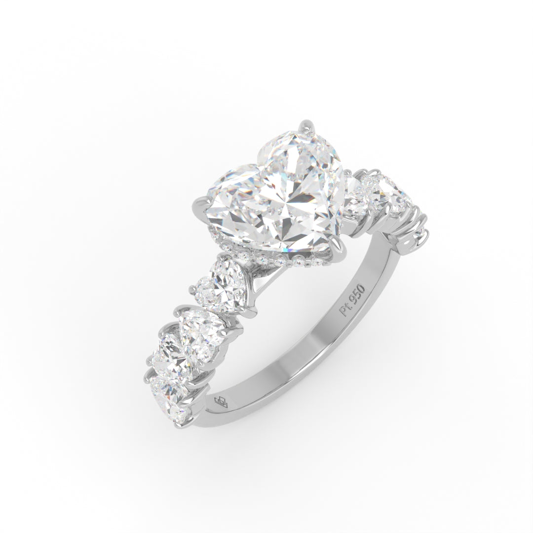 Vivien Heart Brilliant Cut engagement ring with heart brilliant diamond band and wrap around hidden halo