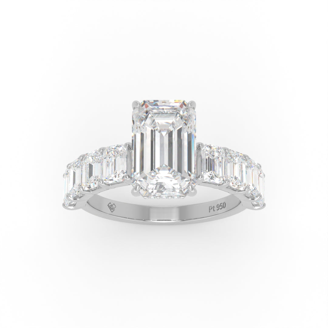 Vivien Emerald Brilliant Cut Engagement Ring with Emerald Brilliant Diamond Band and Wrap Around Hidden Halo