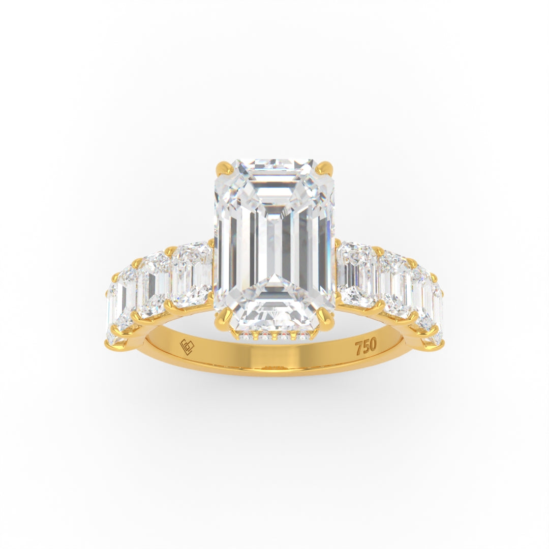 Vivien Emerald Brilliant Cut Engagement Ring with Emerald Brilliant Diamond Band and Wrap Around Hidden Halo