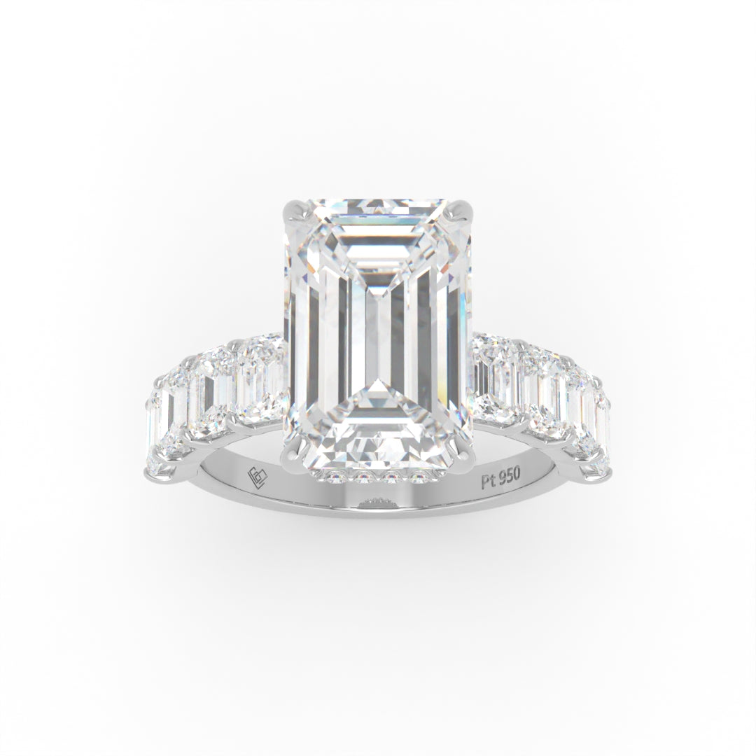 Vivien Emerald Brilliant Cut Engagement Ring with Emerald Brilliant Diamond Band and Wrap Around Hidden Halo