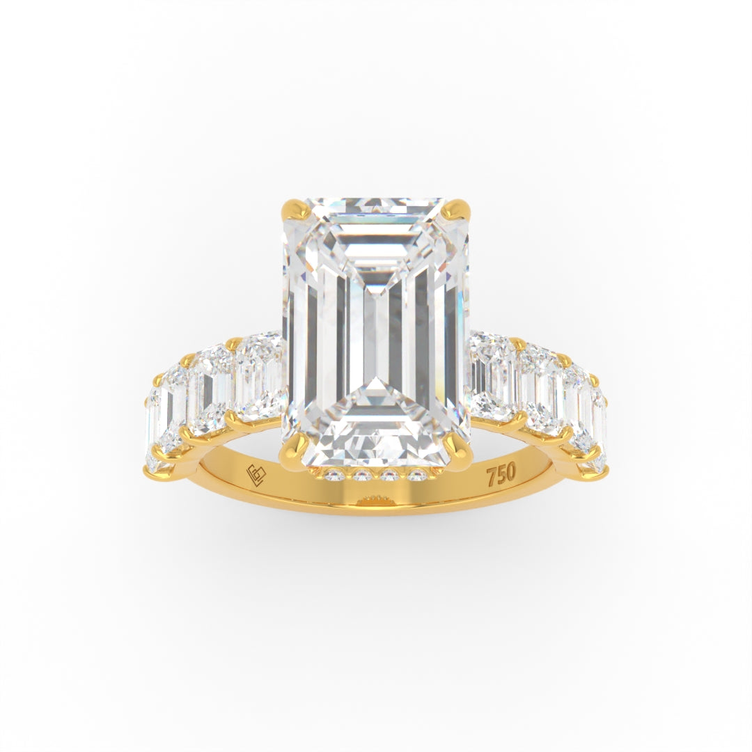 Vivien Emerald Brilliant Cut Engagement Ring with Emerald Brilliant Diamond Band and Wrap Around Hidden Halo