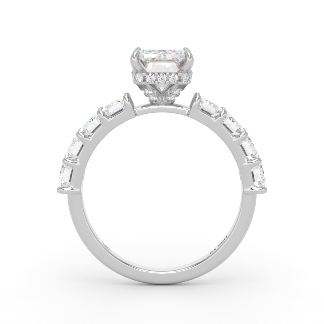 Vivien Emerald Brilliant Cut Engagement Ring with Emerald Brilliant Diamond Band and Wrap Around Hidden Halo