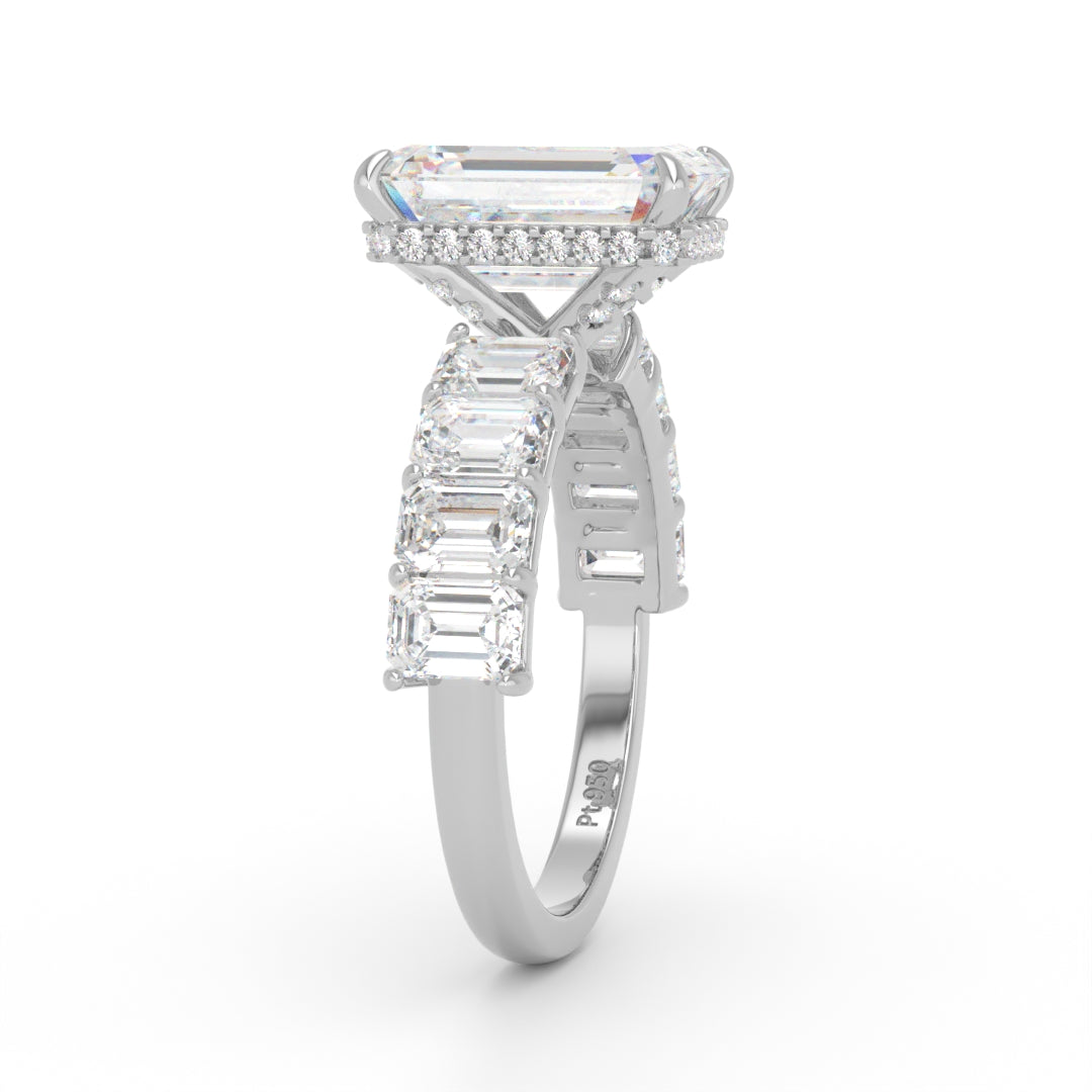 Vivien Emerald Brilliant Cut Engagement Ring with Emerald Brilliant Diamond Band and Wrap Around Hidden Halo