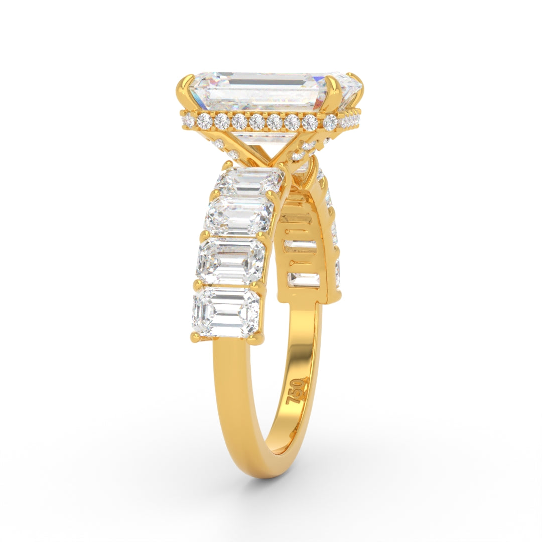 Vivien Emerald Brilliant Cut Engagement Ring with Emerald Brilliant Diamond Band and Wrap Around Hidden Halo