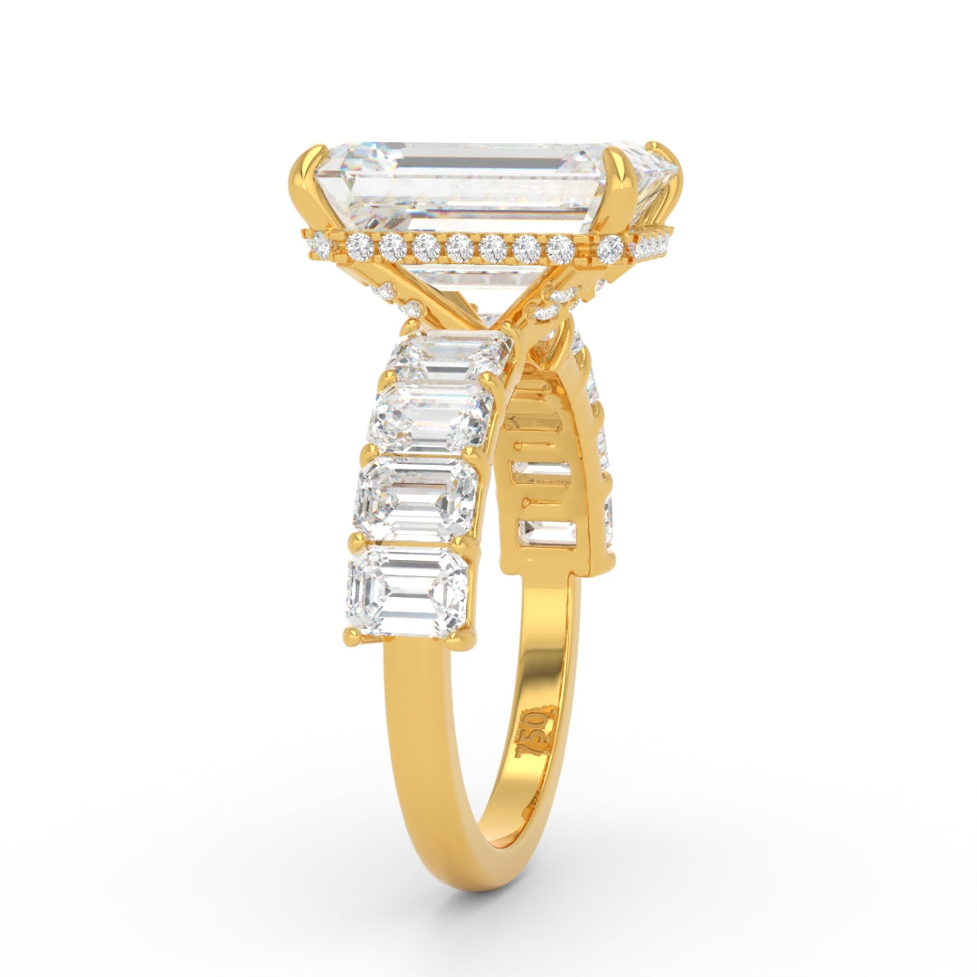 Vivien Emerald Brilliant Cut Engagement Ring with Emerald Brilliant Diamond Band and Wrap Around Hidden Halo
