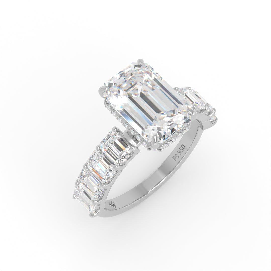 Vivien Emerald Brilliant Cut Engagement Ring with Emerald Brilliant Diamond Band and Wrap Around Hidden Halo