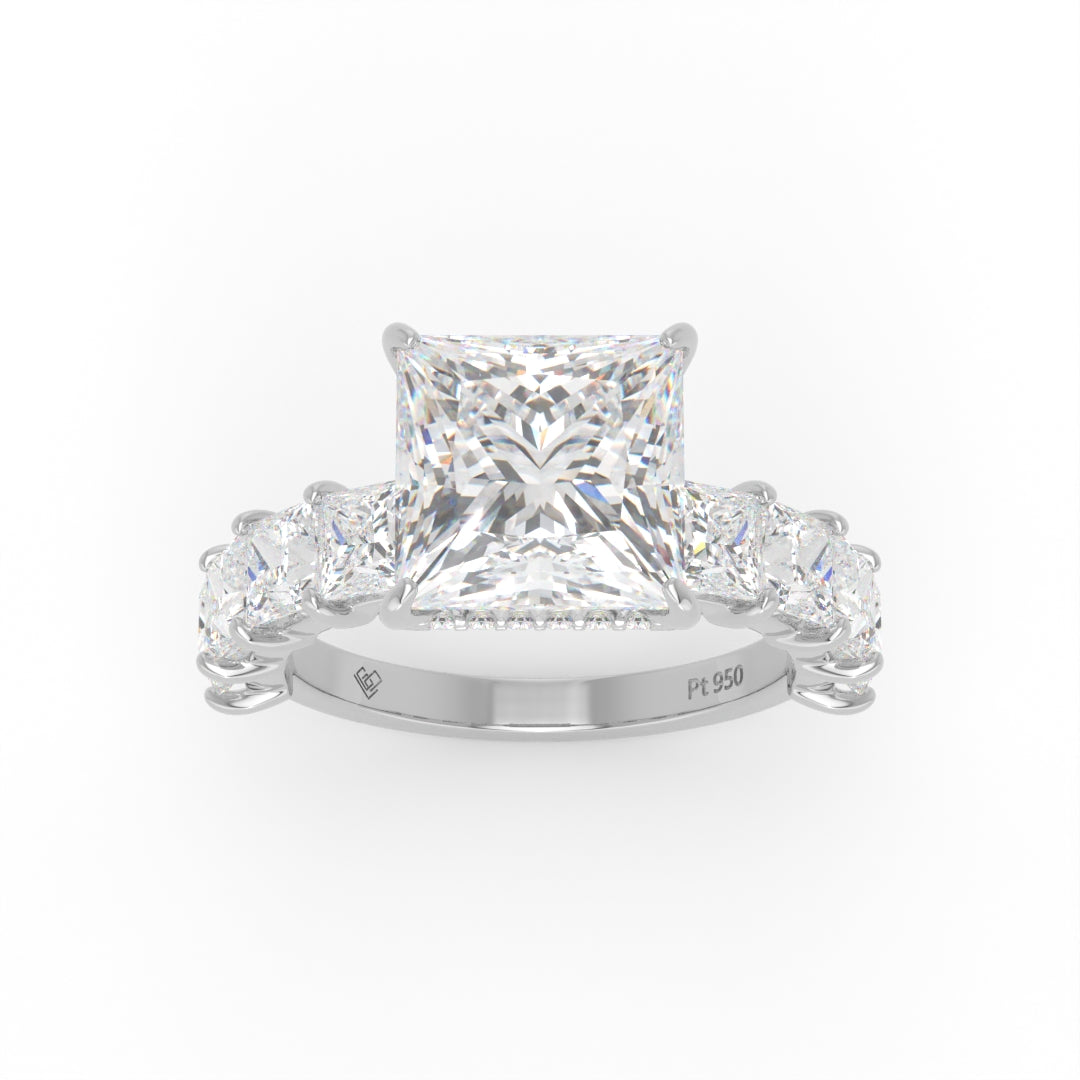 Vivien Princess Brilliant Cut engagement ring with Princess Brilliant Diamond Band and Wrap Around Hidden Halo