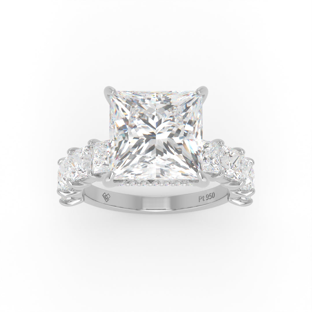 Vivien Princess Brilliant Cut engagement ring with Princess Brilliant Diamond Band and Wrap Around Hidden Halo
