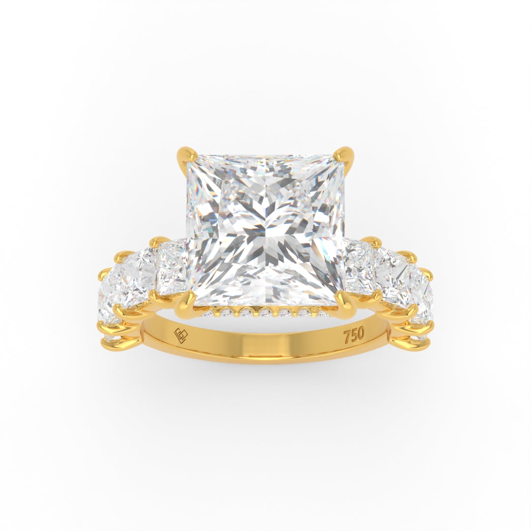 Vivien Princess Brilliant Cut engagement ring with Princess Brilliant Diamond Band and Wrap Around Hidden Halo
