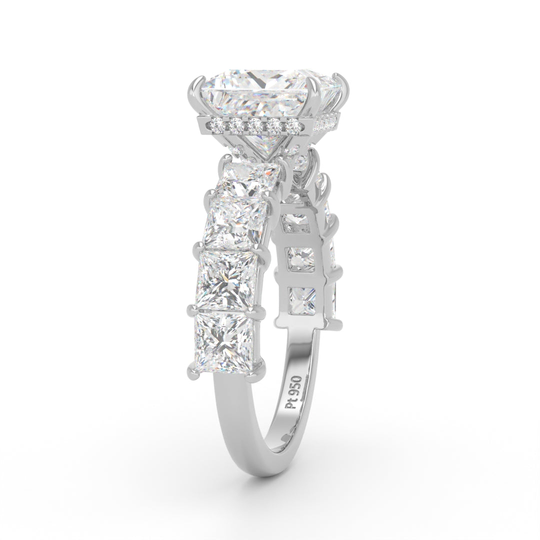 Vivien Princess Brilliant Cut engagement ring with Princess Brilliant Diamond Band and Wrap Around Hidden Halo