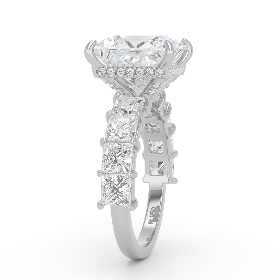 Vivien Princess Brilliant Cut engagement ring with Princess Brilliant Diamond Band and Wrap Around Hidden Halo