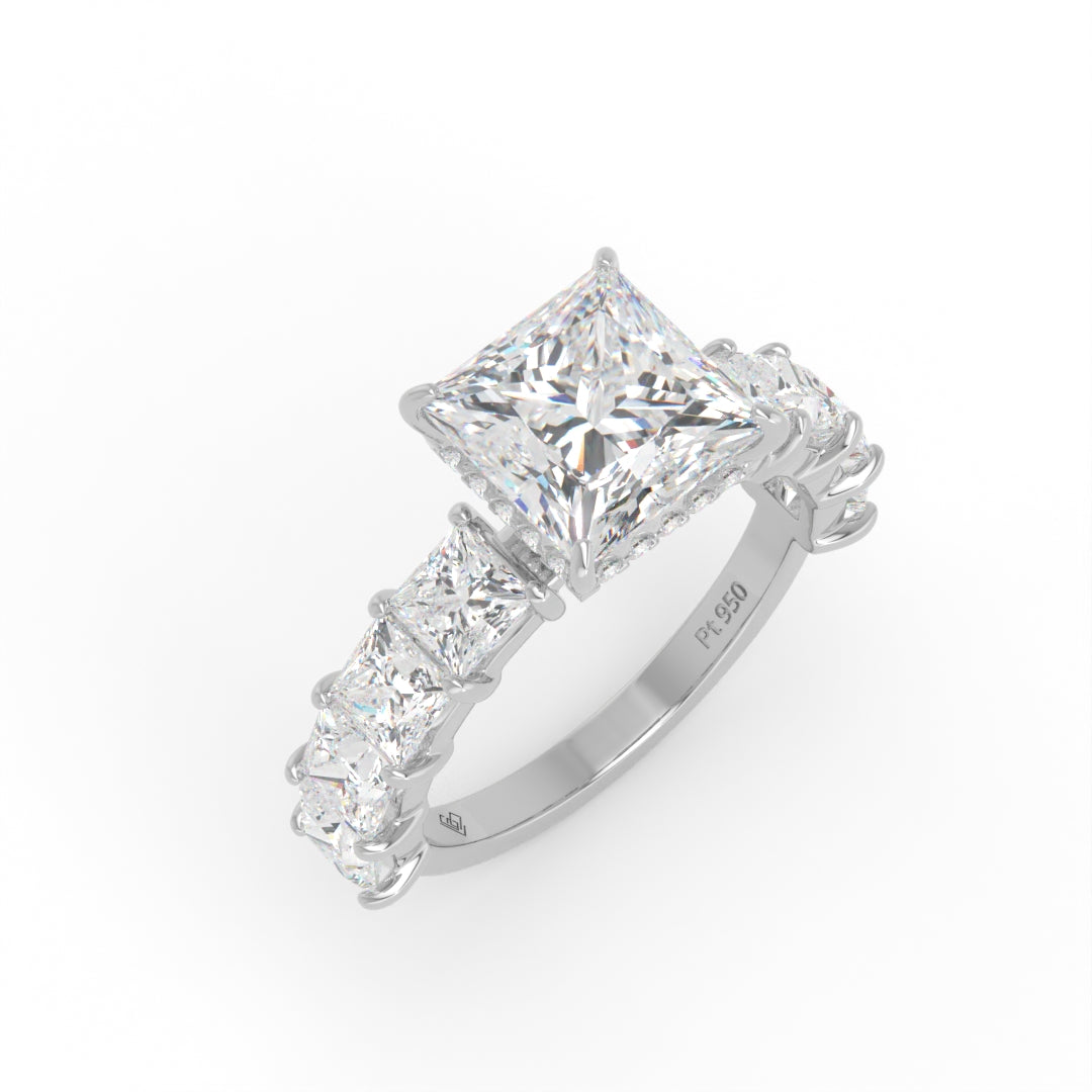 Vivien Princess Brilliant Cut engagement ring with Princess Brilliant Diamond Band and Wrap Around Hidden Halo