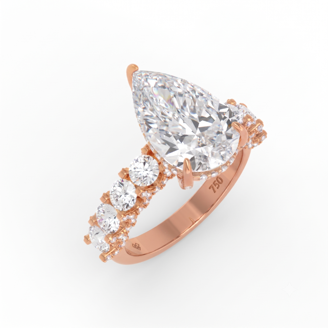 Juliette Pear Lab-Grown Diamond Engagement Ring featuring a Half-Set Diamond Band, Hidden Halo, and Pavé U-Shaped Prong Setting