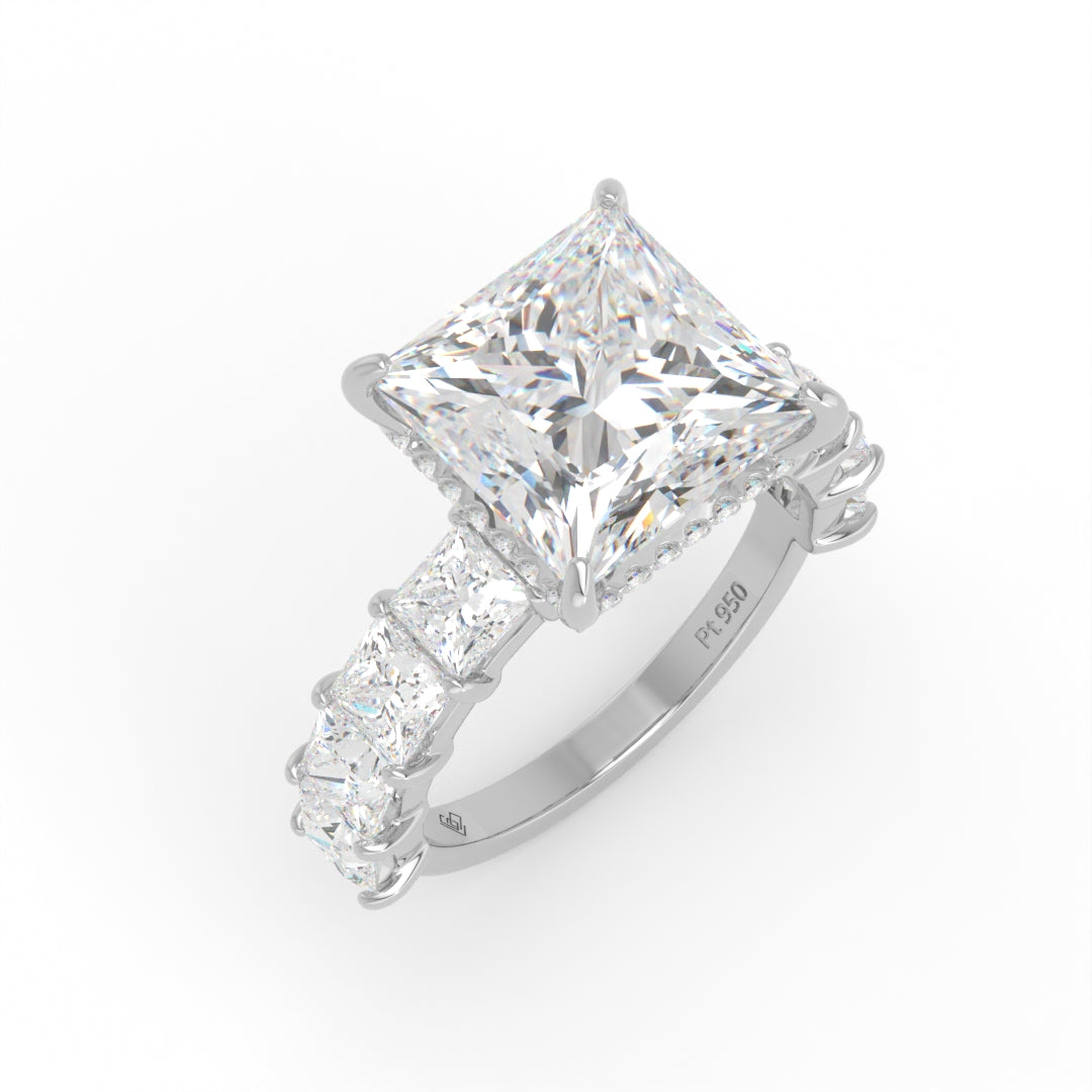 Vivien Princess Brilliant Cut engagement ring with Princess Brilliant Diamond Band and Wrap Around Hidden Halo