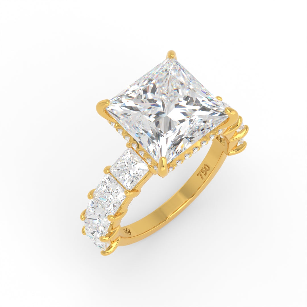 Vivien Princess Brilliant Cut engagement ring with Princess Brilliant Diamond Band and Wrap Around Hidden Halo