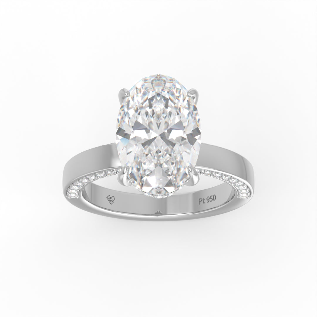 Celeste Oval cut Lab Diamond with Cigar band and half set Diamond Sides & Hidden Halo