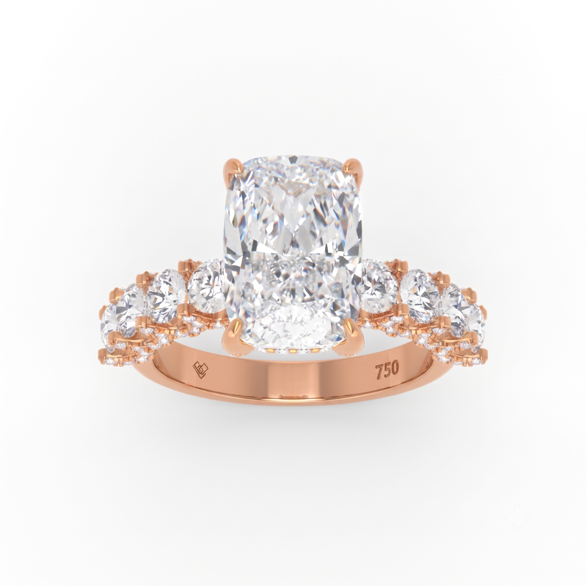 Juliette Cushion Lab-Grown Diamond Engagement Ring featuring a Half-Set Diamond Band, Hidden Halo, and Pavé U-Shaped Prong Setting
