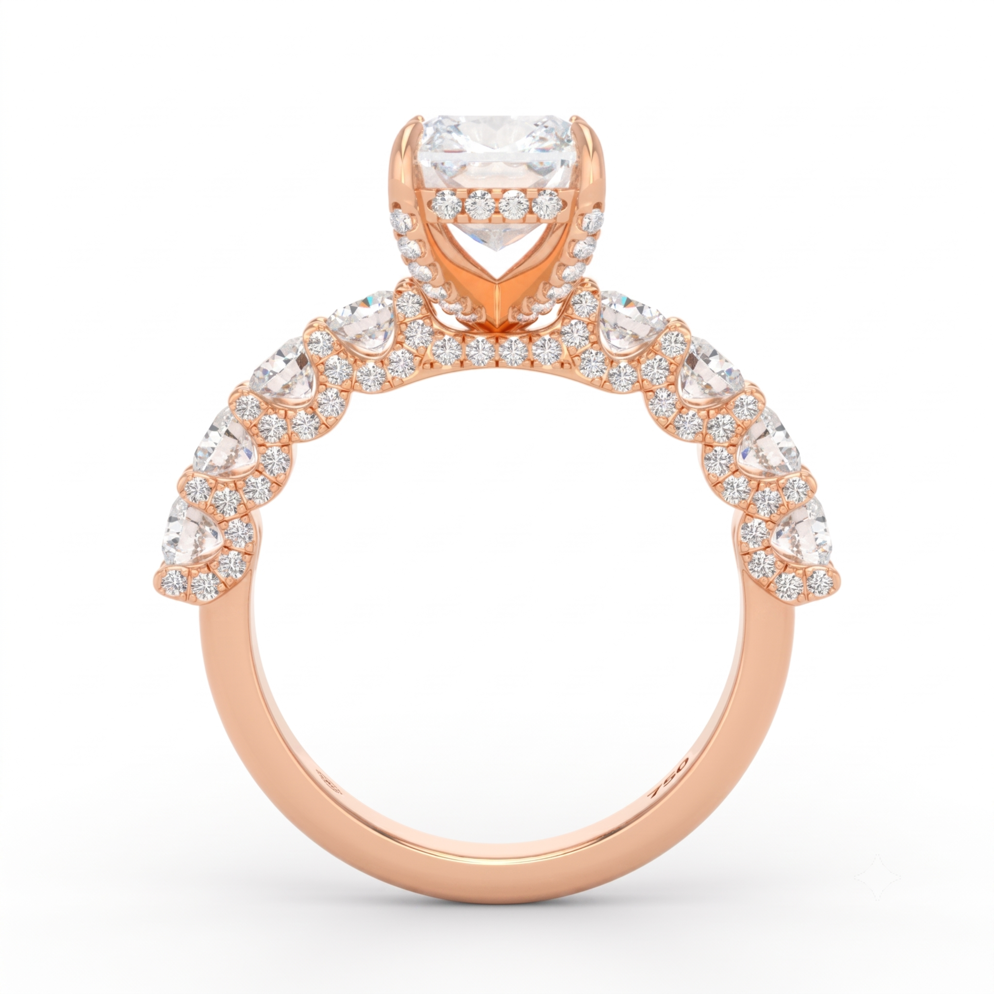 Juliette Cushion Lab-Grown Diamond Engagement Ring featuring a Half-Set Diamond Band, Hidden Halo, and Pavé U-Shaped Prong Setting