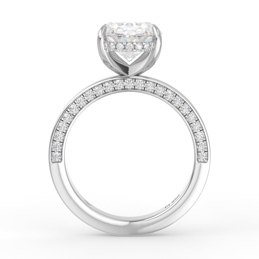 Celeste Oval cut Lab Diamond with Cigar band and half set Diamond Sides & Hidden Halo