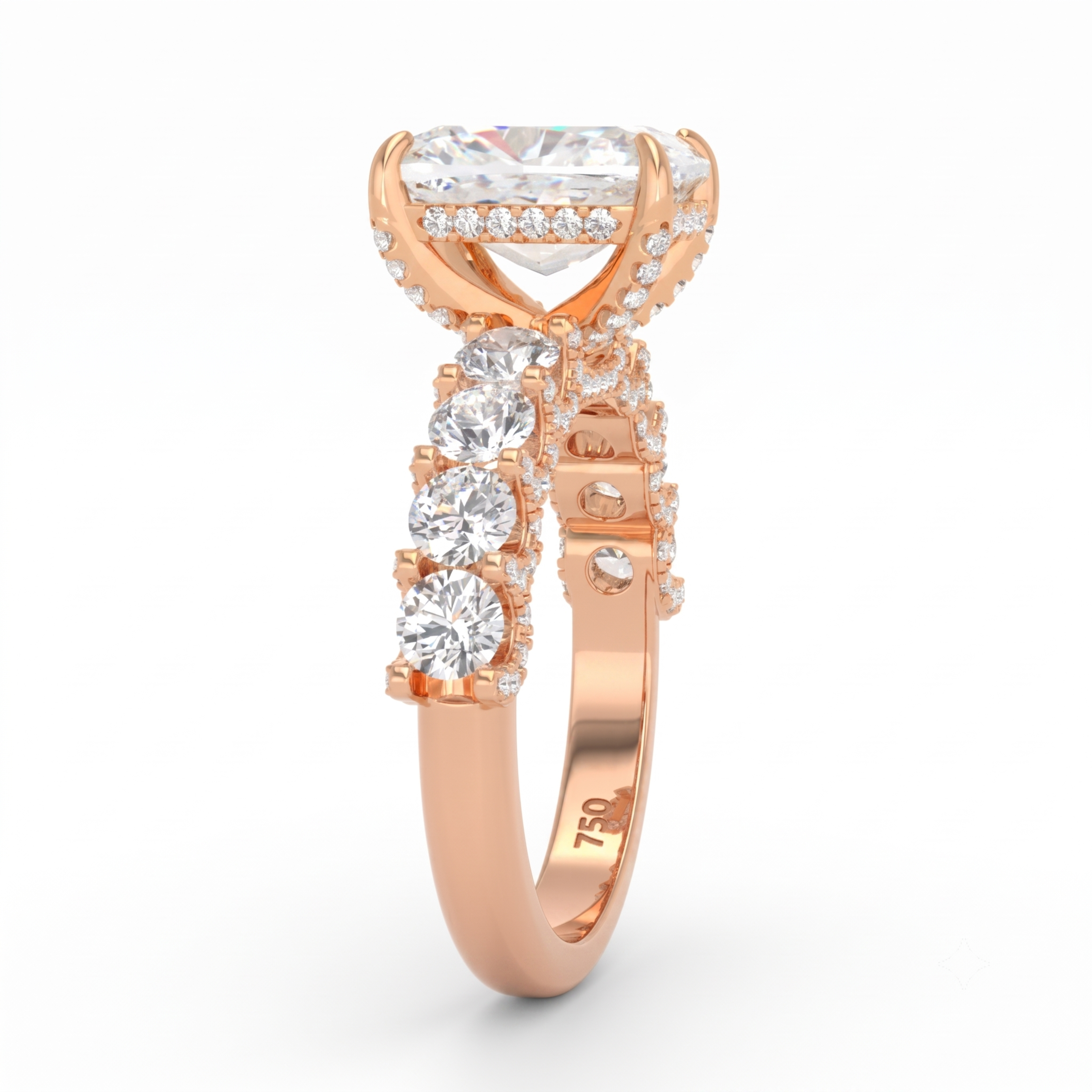 Juliette Cushion Lab-Grown Diamond Engagement Ring featuring a Half-Set Diamond Band, Hidden Halo, and Pavé U-Shaped Prong Setting