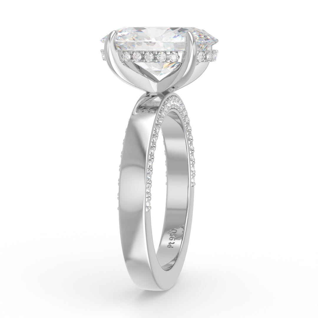 Celeste Oval cut Lab Diamond with Cigar band and half set Diamond Sides & Hidden Halo