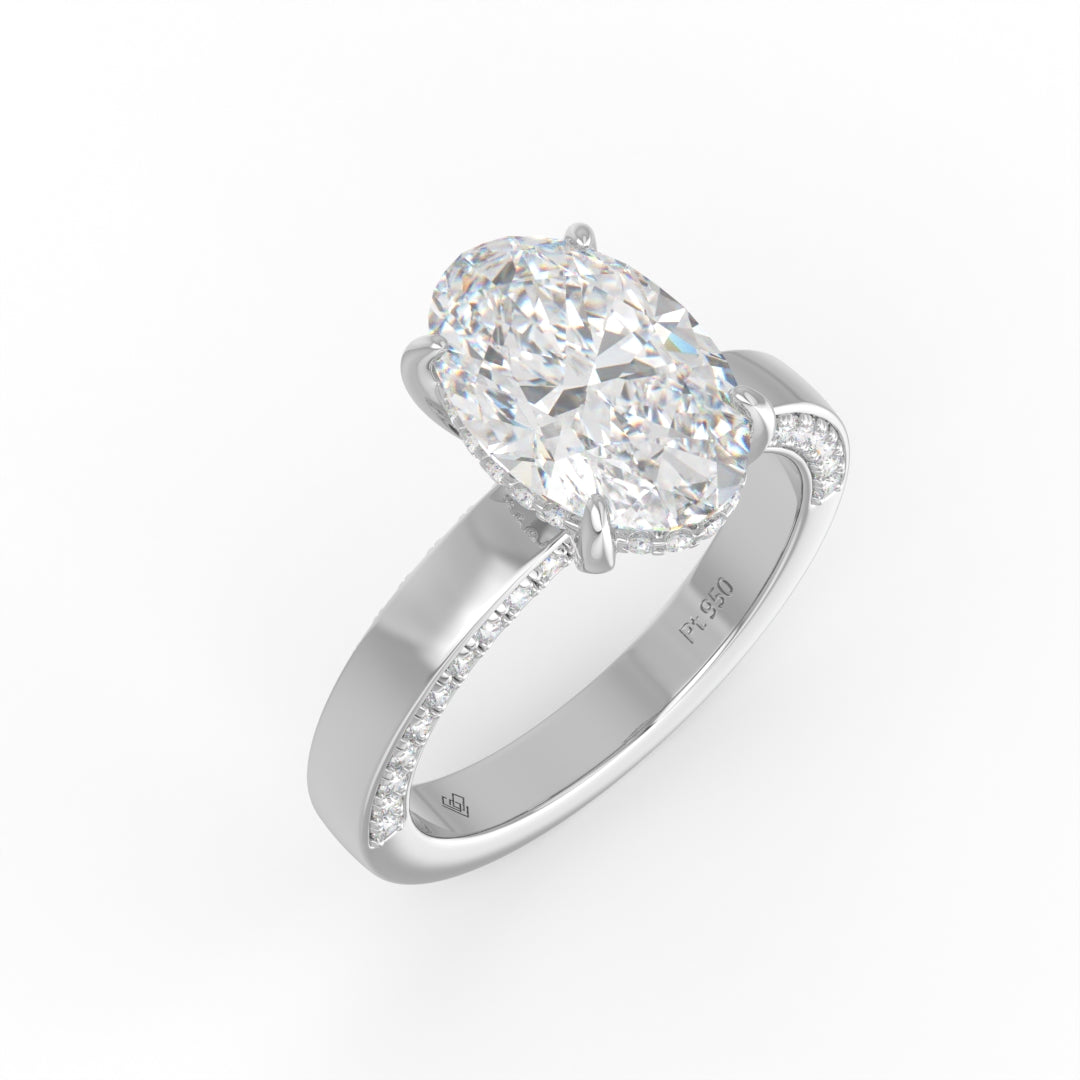 Celeste Oval cut Lab Diamond with Cigar band and half set Diamond Sides & Hidden Halo
