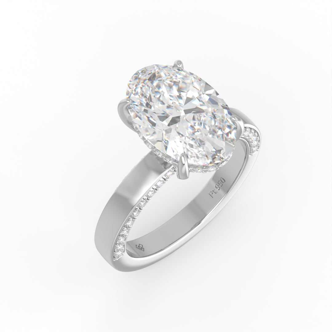 Celeste Oval cut Lab Diamond with Cigar band and half set Diamond Sides & Hidden Halo