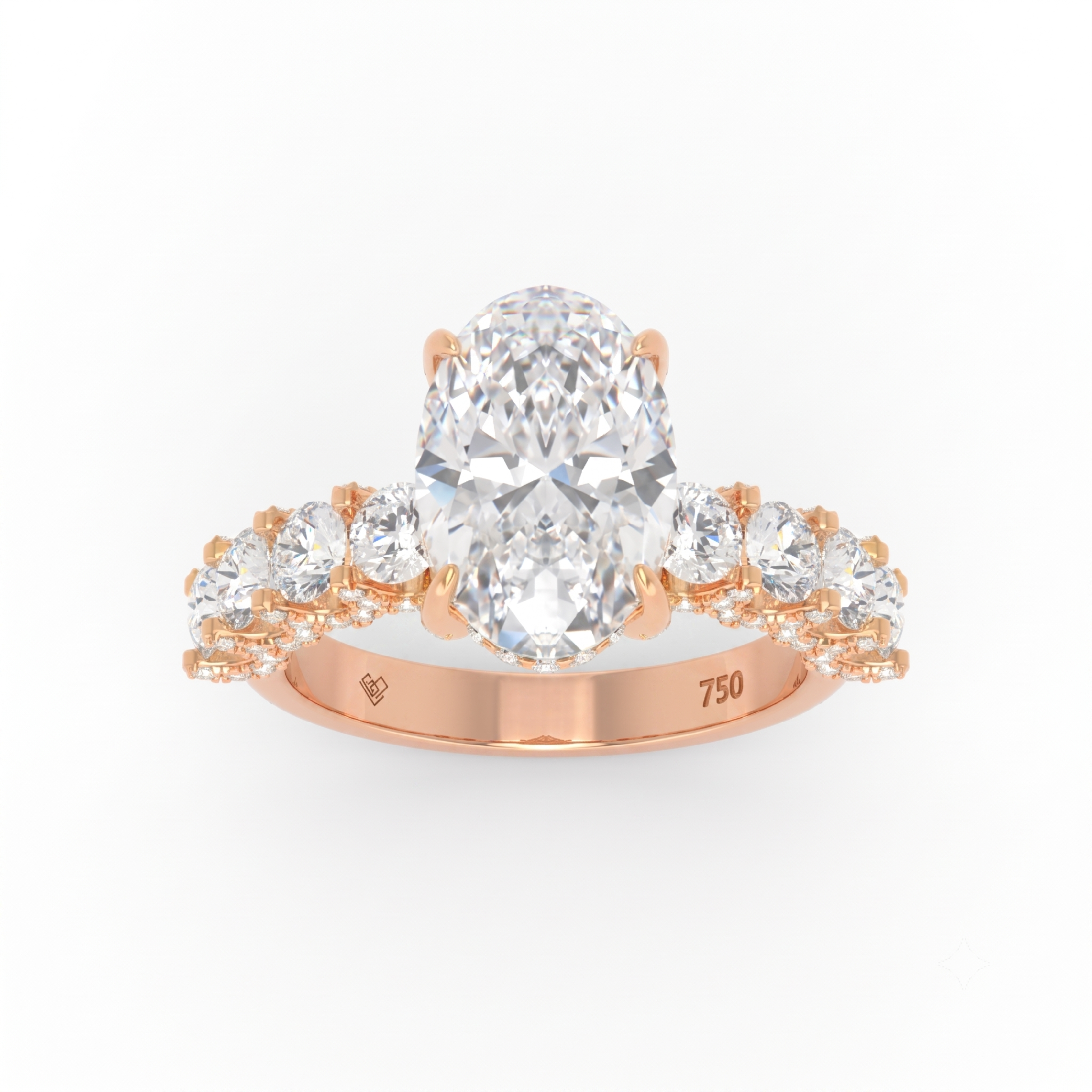 Juliette Oval Lab-Grown Diamond Engagement Ring featuring a Half-Set Diamond Band, Hidden Halo, and Pavé U-Shaped Prong Setting