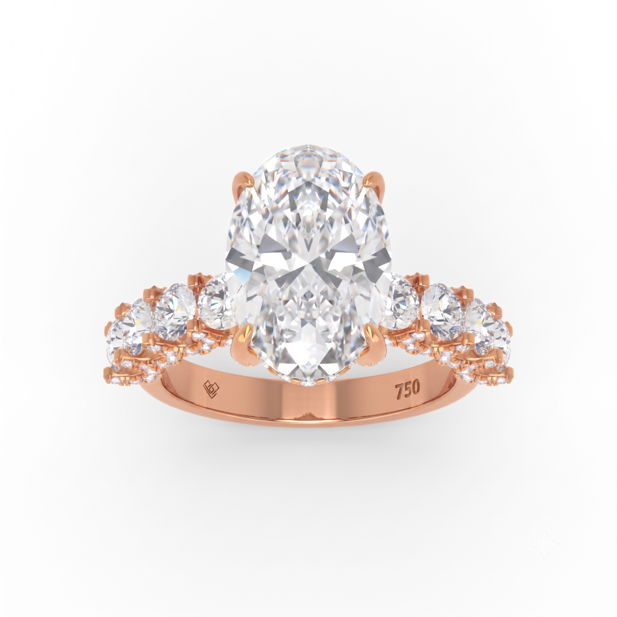 Juliette Oval Lab-Grown Diamond Engagement Ring featuring a Half-Set Diamond Band, Hidden Halo, and Pavé U-Shaped Prong Setting