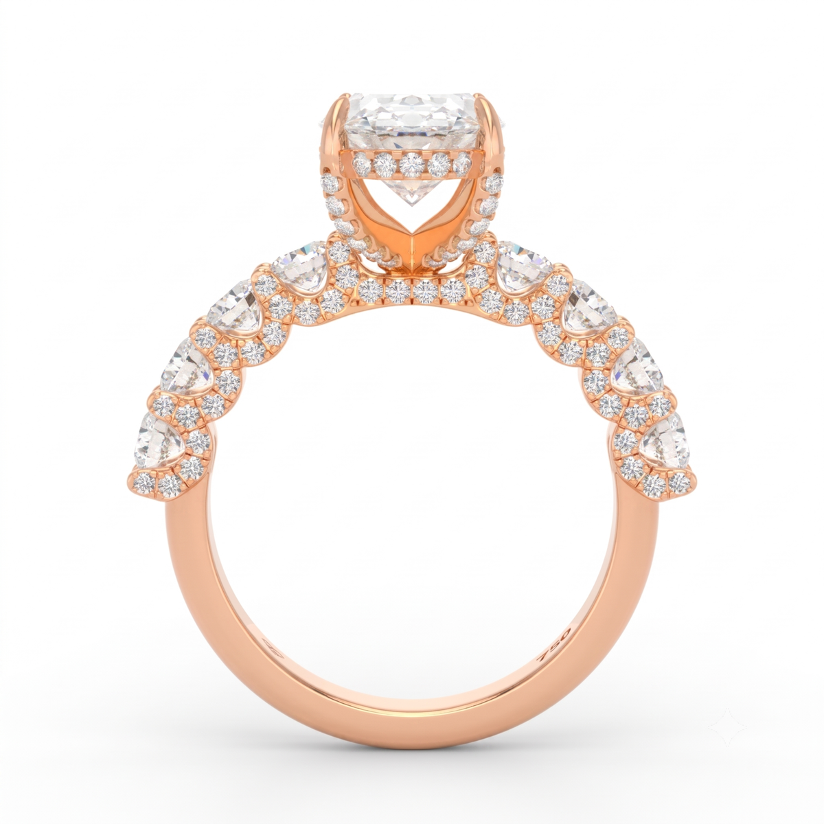 Juliette Oval Lab-Grown Diamond Engagement Ring featuring a Half-Set Diamond Band, Hidden Halo, and Pavé U-Shaped Prong Setting