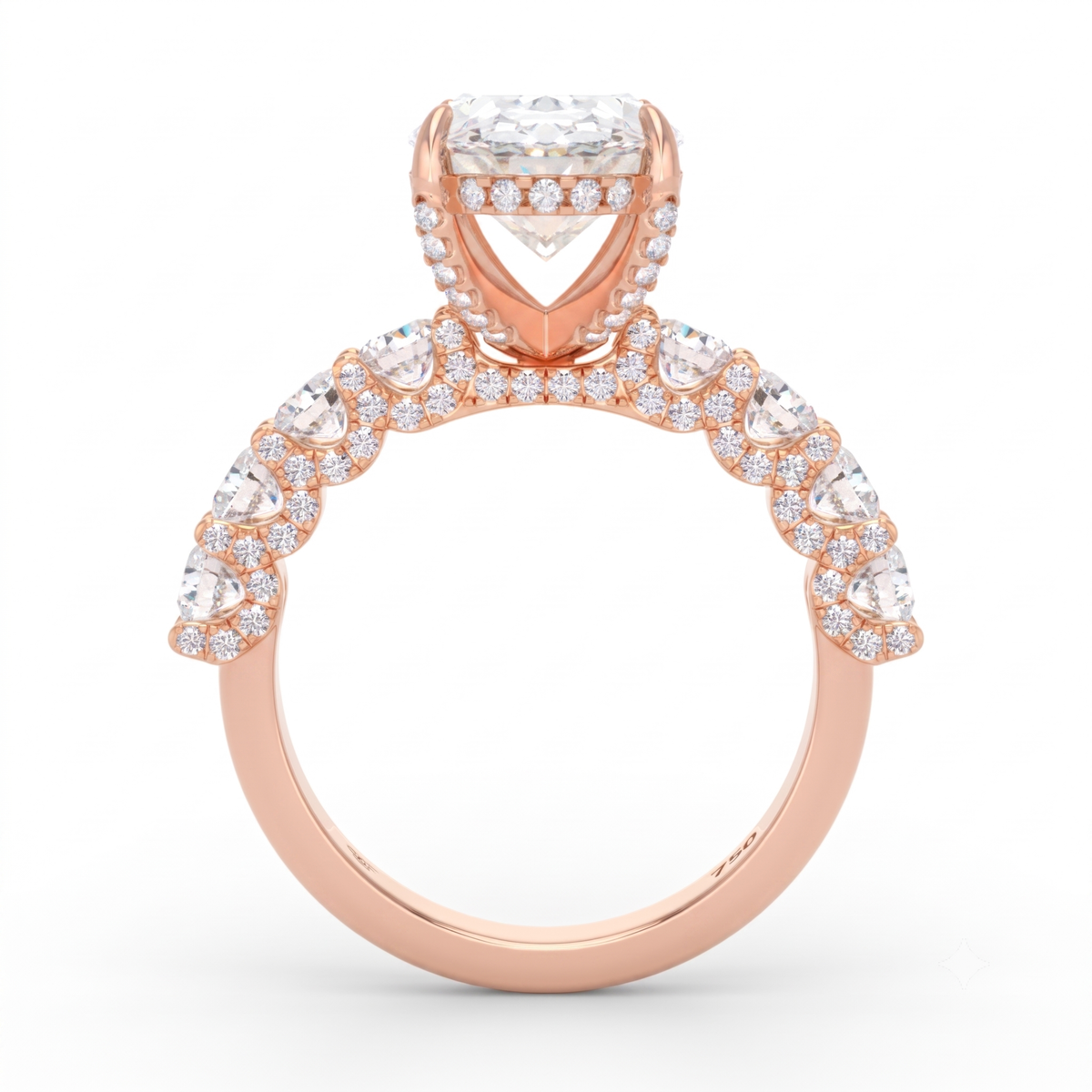 Juliette Oval Lab-Grown Diamond Engagement Ring featuring a Half-Set Diamond Band, Hidden Halo, and Pavé U-Shaped Prong Setting