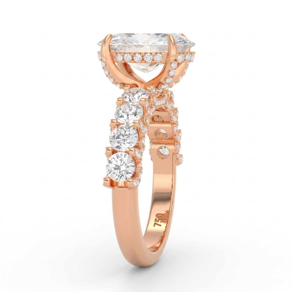 Juliette Oval Lab-Grown Diamond Engagement Ring featuring a Half-Set Diamond Band, Hidden Halo, and Pavé U-Shaped Prong Setting