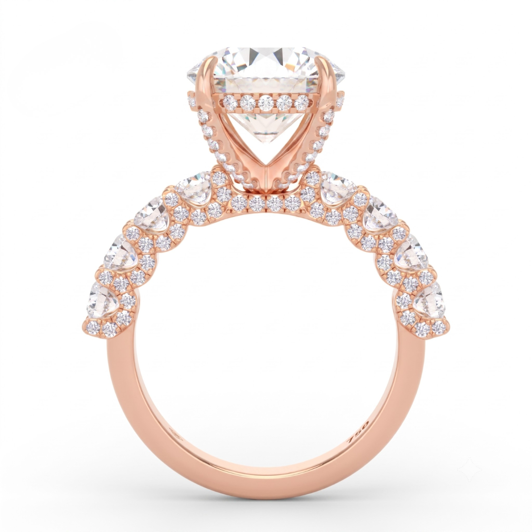Juliette Round Lab-Grown Diamond Engagement Ring featuring a Half-Set Diamond Band, Hidden Halo, and Pavé U-Shaped Prong Setting