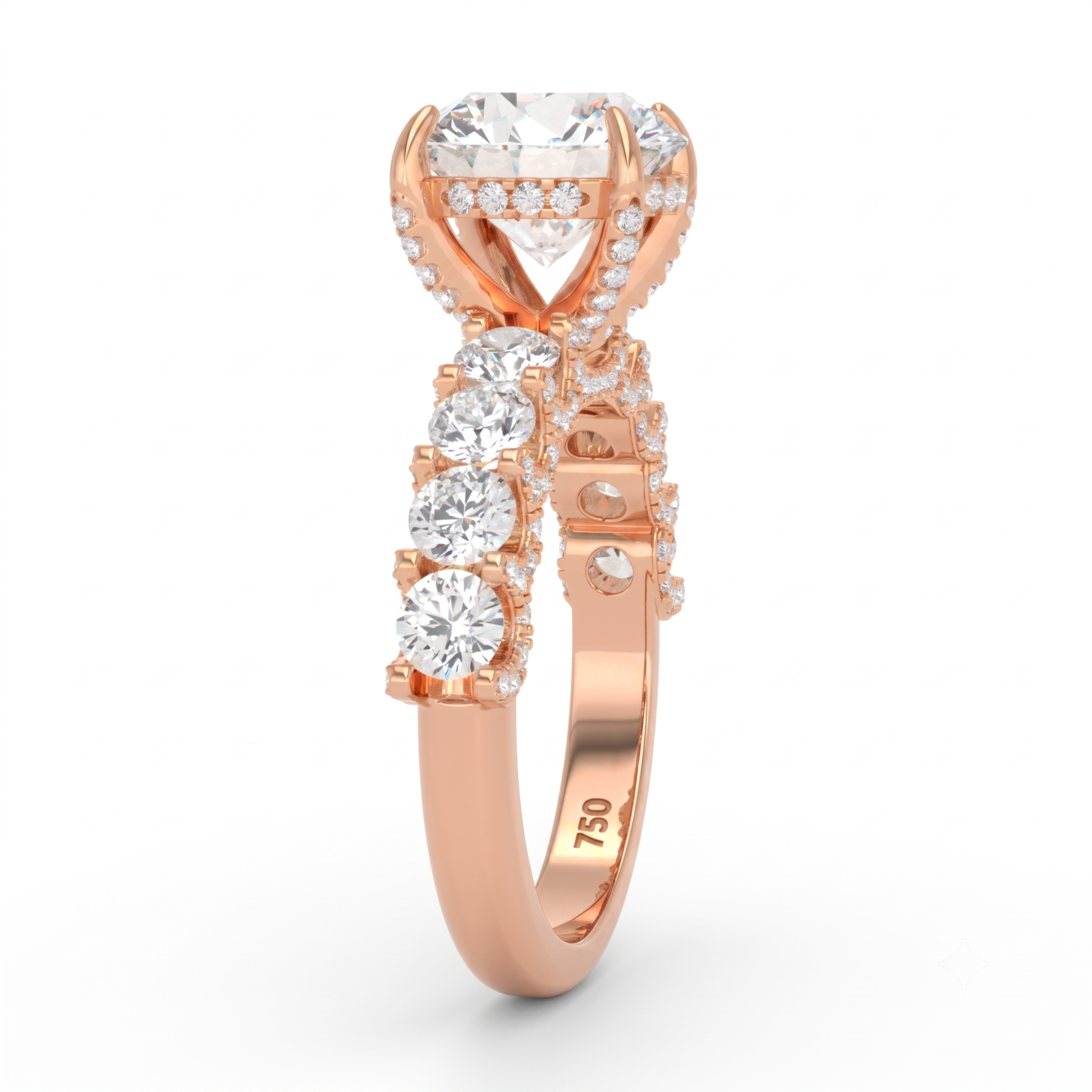 Juliette Round Lab-Grown Diamond Engagement Ring featuring a Half-Set Diamond Band, Hidden Halo, and Pavé U-Shaped Prong Setting