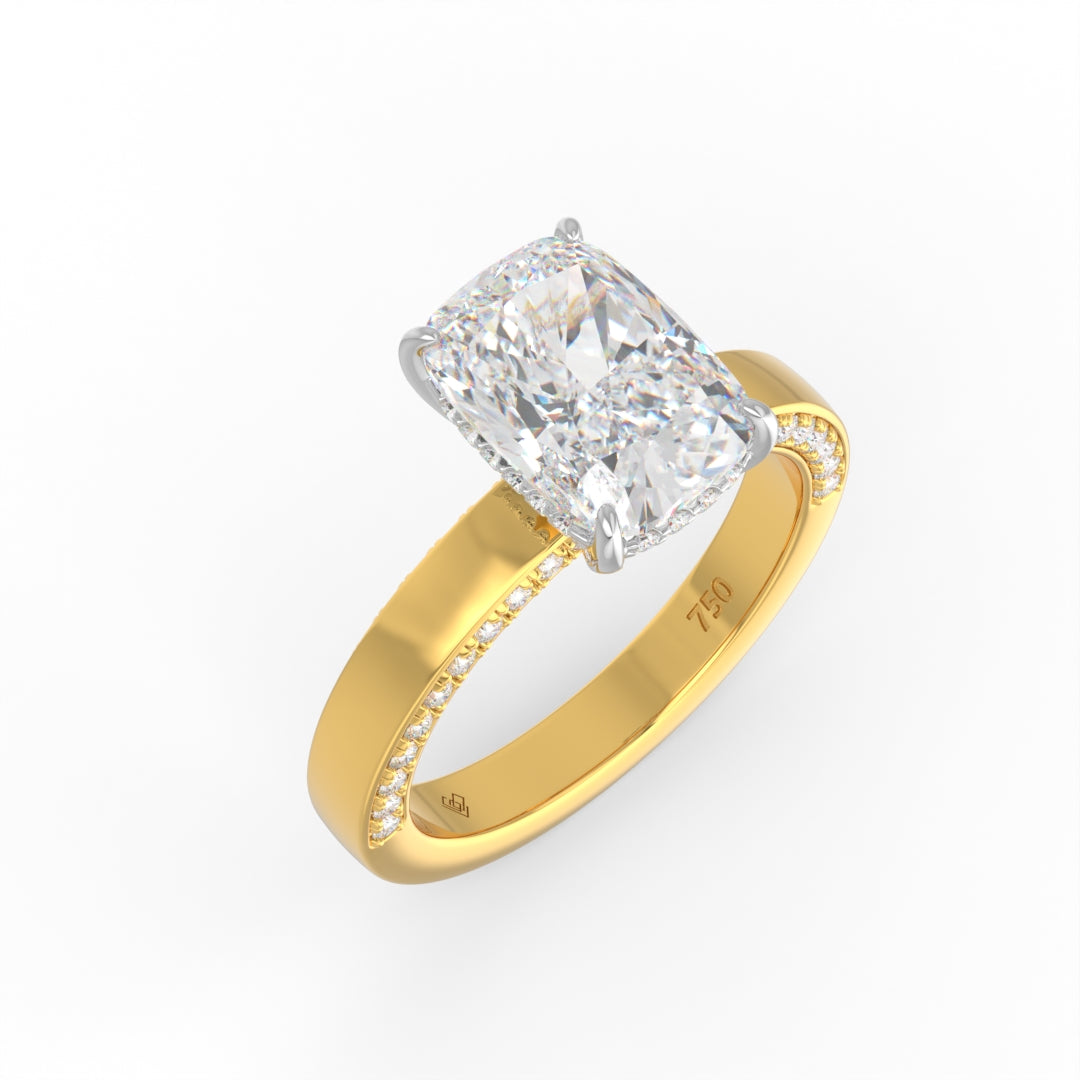 Celeste Cushion cut Lab Diamond with Cigar band and half set Diamond sides & hidden halo
