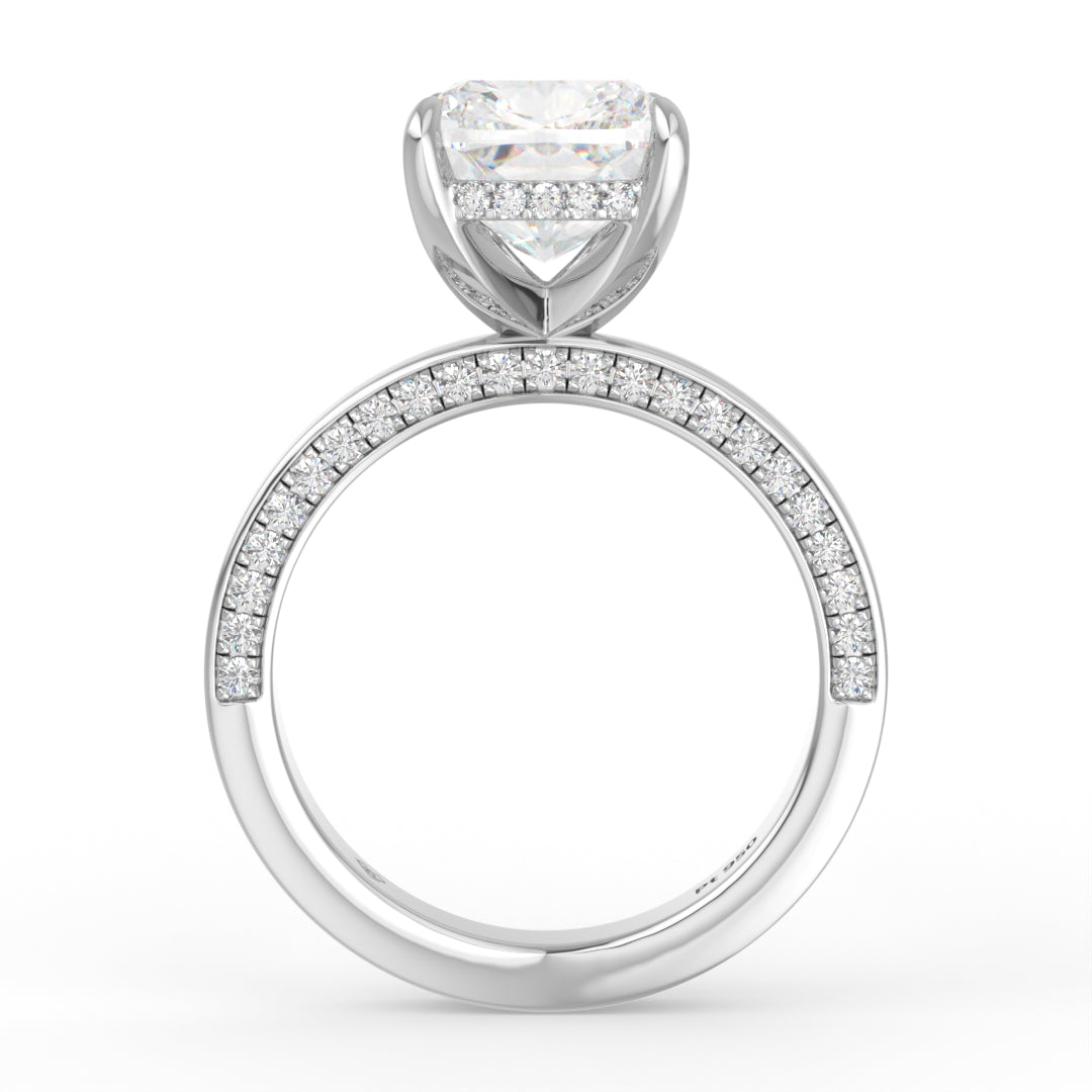 Celeste Cushion cut Lab Diamond with Cigar band and half set Diamond sides & hidden halo