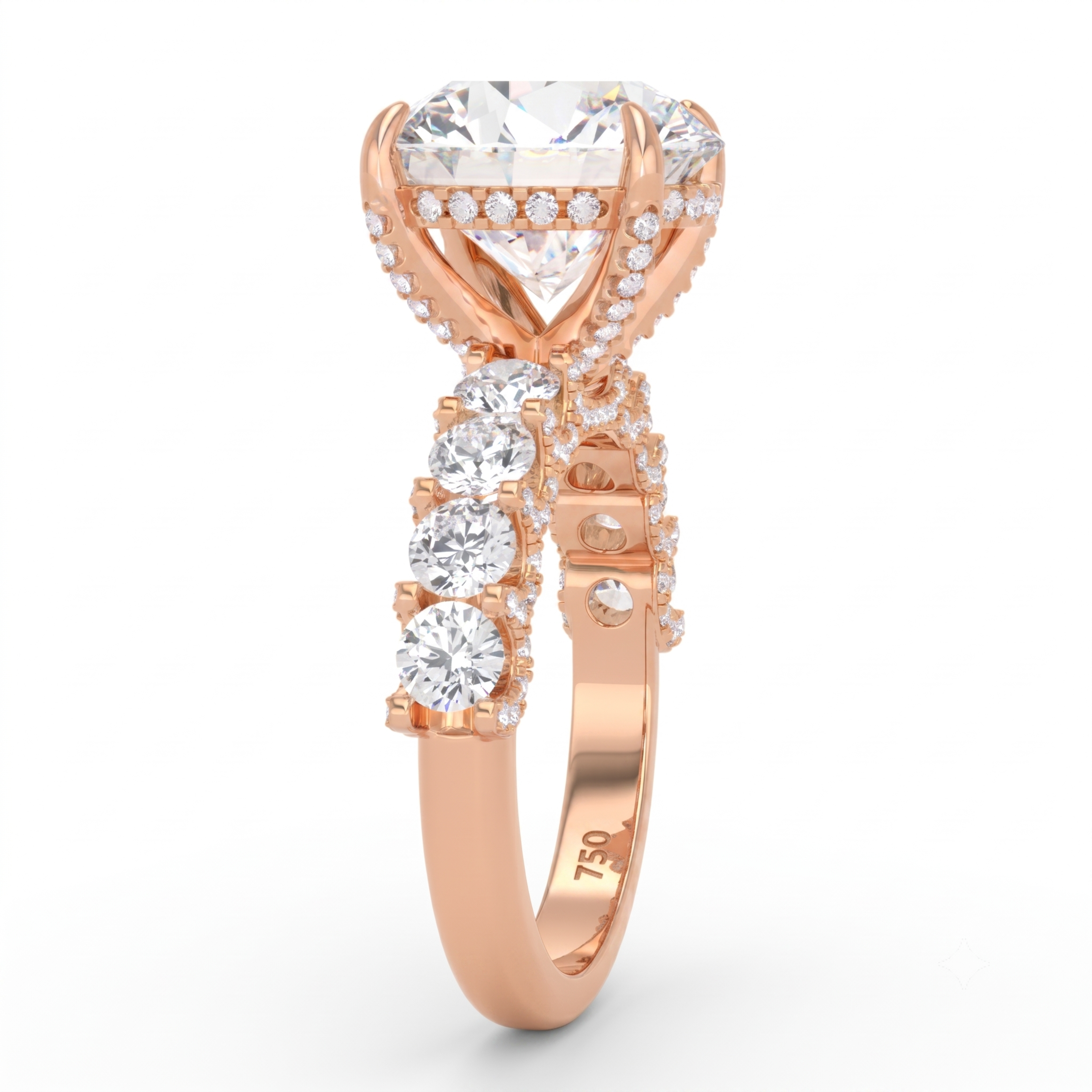 Juliette Round Lab-Grown Diamond Engagement Ring featuring a Half-Set Diamond Band, Hidden Halo, and Pavé U-Shaped Prong Setting
