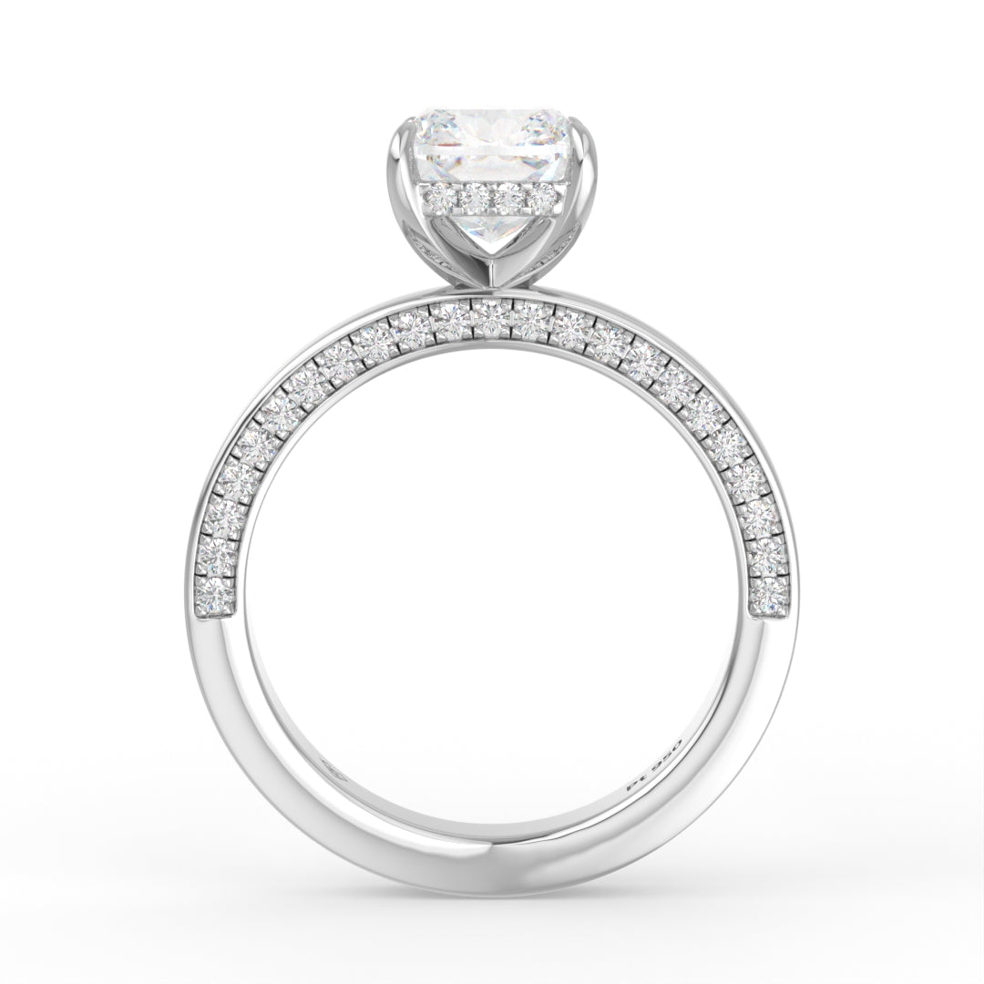 Celeste Cushion cut Lab Diamond with Cigar band and half set Diamond sides & hidden halo