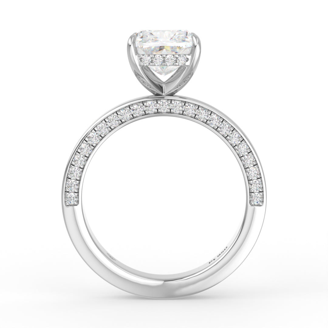 Celeste Cushion cut Lab Diamond with Cigar band and half set Diamond sides & hidden halo